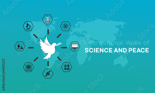 International Week of Science and Peace design. It features a white dove surrounded by science element and application. Vector illustration