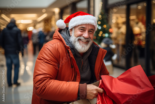 Joyful Middle-Aged Man Embracing Christmas Spirit with Shopping Bags in a Festive Mall
