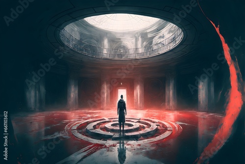 a mental patient in a grey prison uniform stands in a massive circular concrete stadium low angle wet crimson paint is on the floor in the background2 masterpiece best quality official art 8k 4k 