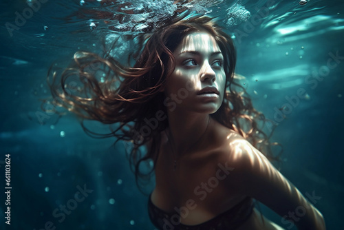 Sensual portrait in the style of a theater play, an underwater woman. Generative Ai. © MAXSHOT_PL