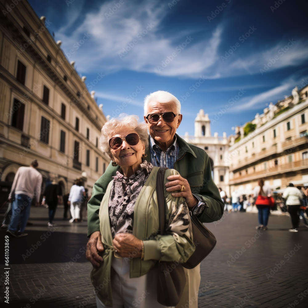 Fototapeta premium Seventy and Thriving: A Vibrant Elderly Couple Rediscovers History in Europe, Infusing Their Retirement with Boundless Enthusiasm.