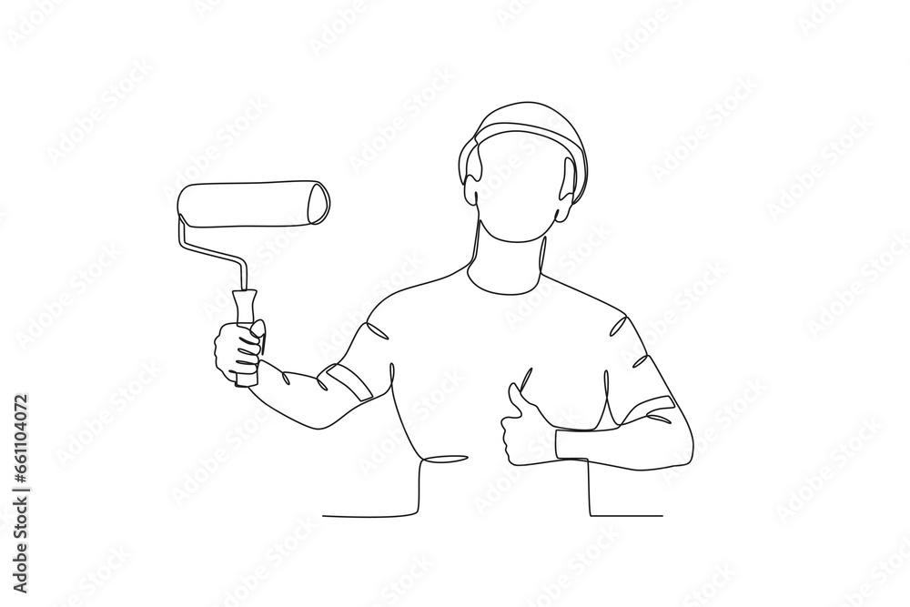 A man paints with a thumbs-up. Painter one-line drawing A man paints with a thumbs-up. Painter one-line drawing