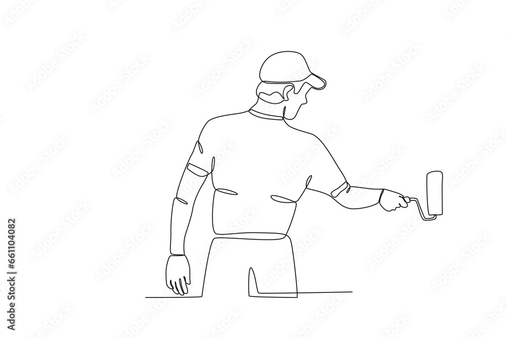A painter paints the bottom wall. Painter one-line drawing A painter paints the bottom wall. Painter one-line drawing
