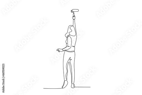 A woman paints a house. Painter one-line drawing