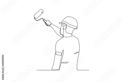 A man paints with a paint roller. Painter one-line drawing