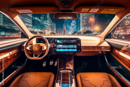Interior of a self-driving vehicle with a navigation display in a cityscape. Generative AI