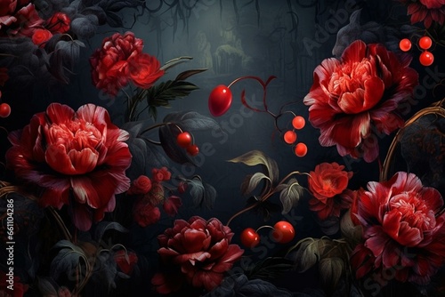 Dark and mysterious, red flowers dominate this fantasy wallpaper. Generative AI