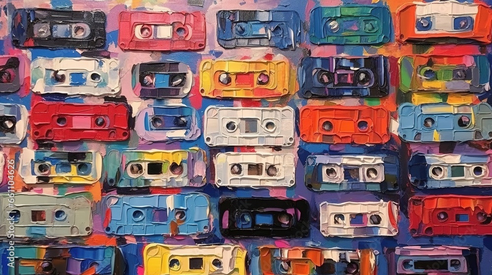 Generative AI, Closeup of impasto tape cassette colorful art painting textured background