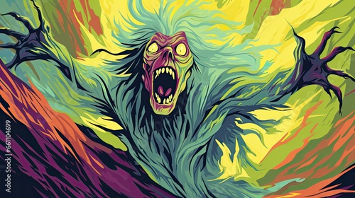 A colorful drawing of an evil creature from a horror story. Scary drawn character. Creepy grimace of a scary undead creature.
