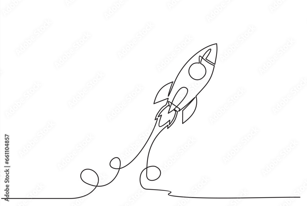 One continuous line drawing of simple retro spacecraft flying up to the outer space nebula. Rocket space ship launch into universe concept. Dynamic single line draw design vector graphic illustration One continuous line drawing of simple retro spacecraft flying up to the outer space nebula. Rocket space ship launch into universe concept. Dynamic single line draw design vector graphic illustration