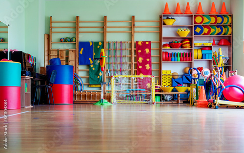 Photography Children recreation sport hall with parquet floor and multicolored equipment for