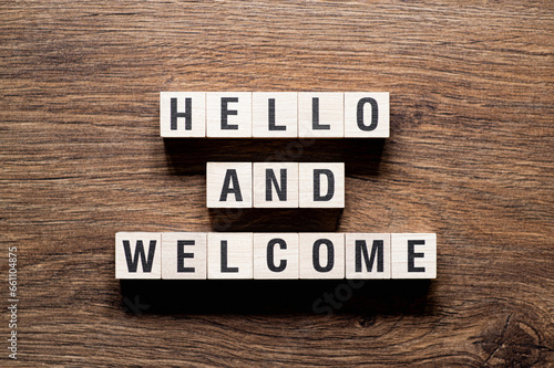 Hello and welcome - word concept on building blocks, text