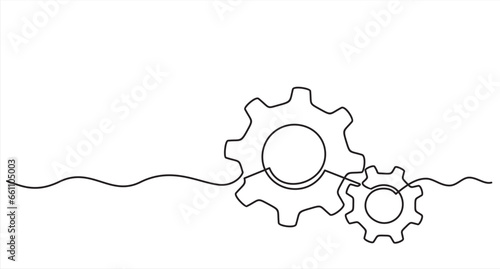 One continuous line illustration of gears wheels. Two cogwheels in lineart style. Symbol of teamwork, development, logo, emblem. Creative concept of business teamwork. 