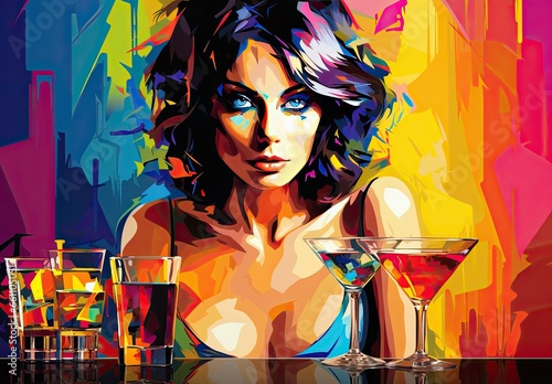 Digital painting in bright pop art style featuring a portrait of a cute girl with a glass of cocktail. Illustration for cover, card, interior design, banner, poster, brochure, advertising, marketing.