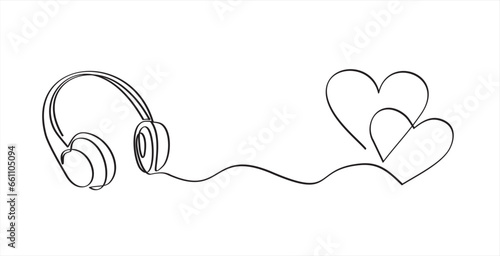Headphone with hearts one line art, hand drawn device gadget continuous contour. Listening music wireless gadget and romantic symbol hearts