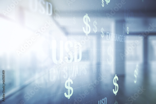 Virtual USD symbols illustration on empty corporate office background. Trading and currency concept. Multiexposure