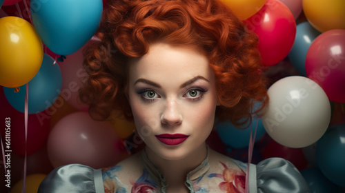 Portrait of a talented circus actress on a stage full of balloons. Portrait of woman in bright colors in magical circus setting.