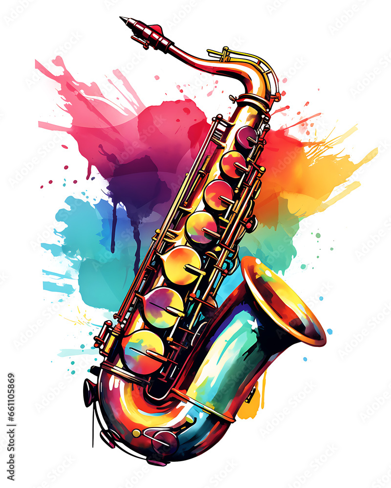 Watercolor saxophone illustration colorful vector white background - obrazy, fototapety, plakaty 