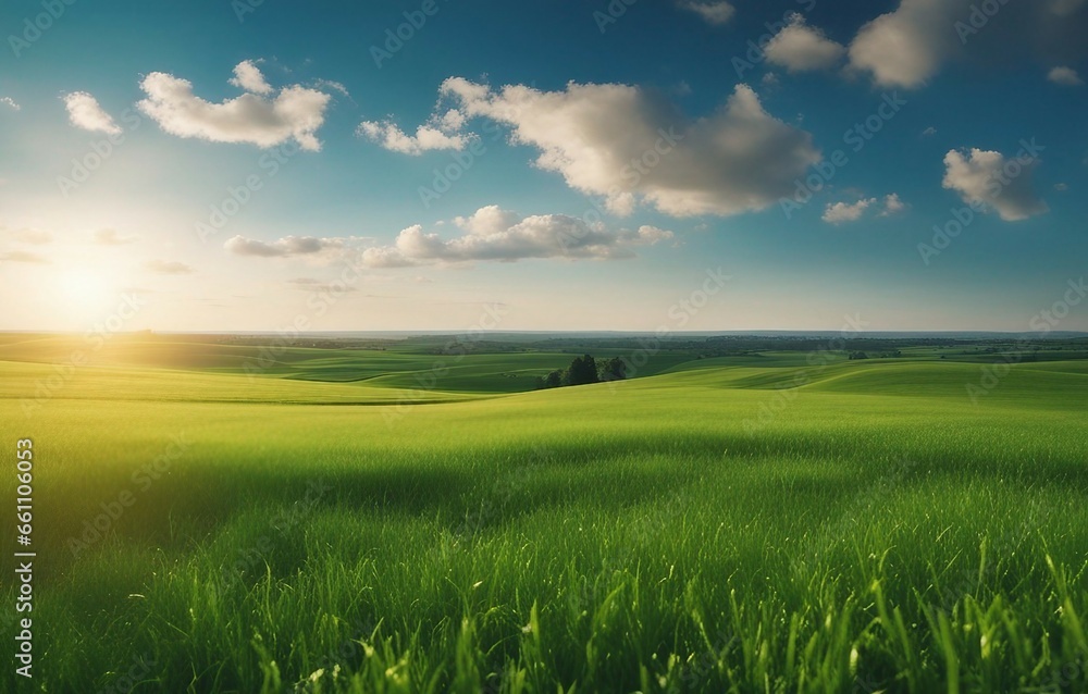 Panoramic natural landscape with green grass field meadow and blue sky with clouds and horizon line