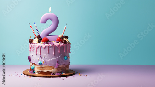 2nd year birthday cake on isolated colorful pastel background