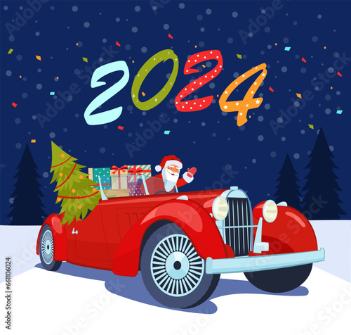 Vintage red cabriolet car with santa claus, christmas tree and gift boxes. Vector illustration.