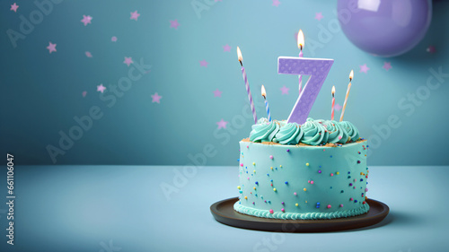 7th year birthday cake on isolated colorful pastel background photo