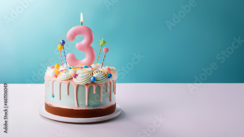 3rd year birthday cake on isolated colorful pastel background photo