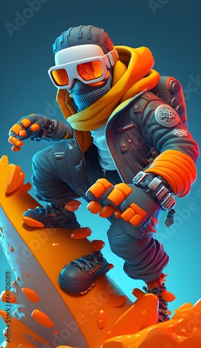 a cool man snowboarding down the snowy mountain goggles oakley Dramatic laugh3d character design full body game art brawl stars style masterpiece best quality extremely detailed figure official art  photo