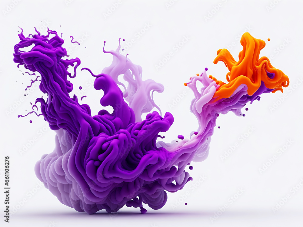 Fototapeta premium Smokey cloud orange purple color dropping in white background and blending together. Generative Ai