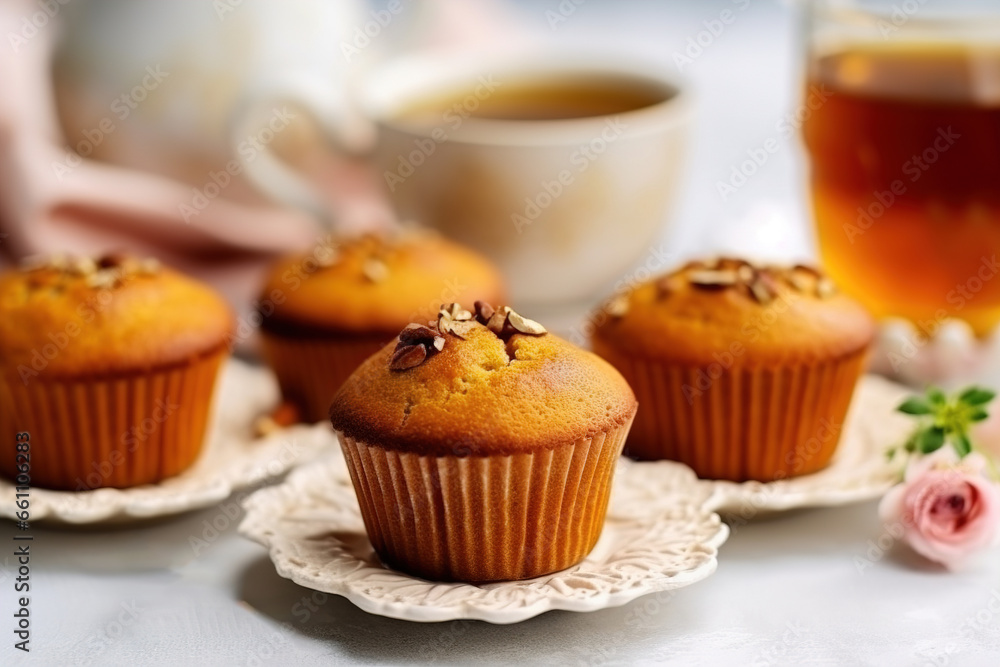 muffins with a mug of tea on a light background muffins with a mug of tea on a light background