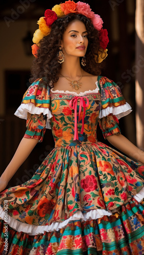 Mexican woman in an old fashioned dress.