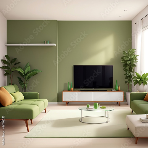 The living room of the house is covered with white and green furniture. generative ai