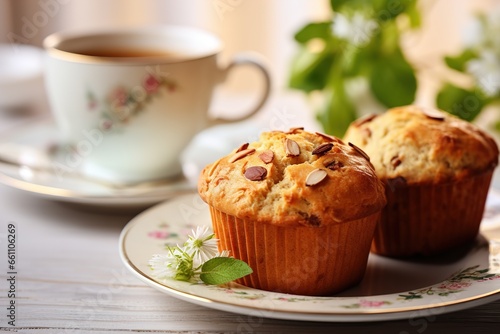 muffins with a mug of tea on a light background