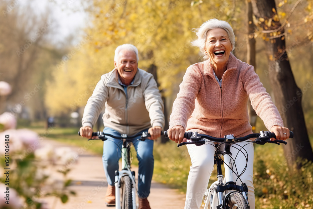 Obraz premium Senior couple riding bikes, healthy lifestyle