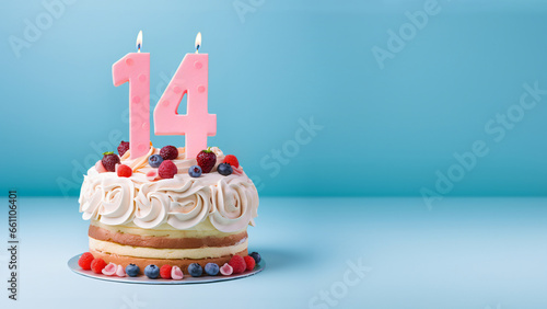 14th year birthday cake on isolated colorful pastel background photo