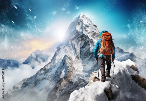 Man with backpack standing on the top of mountain and enjoying the view. Travel concept. Achieving your dreams. Illustration for cover, card, postcard, interior design, decor or print.