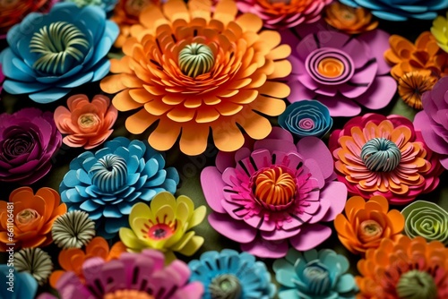 A stack of vibrant paper flowers on a surface. Generative AI