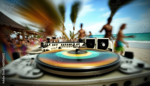 Dj turn table console on the foreground and blurred people crowd on the backdrop, summer beach party, ocean sunny sandy coast with palm trees, music event poster.