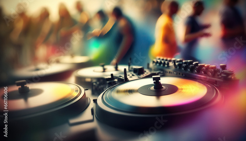 Music party poster with close up DJ turntable and blurred background.