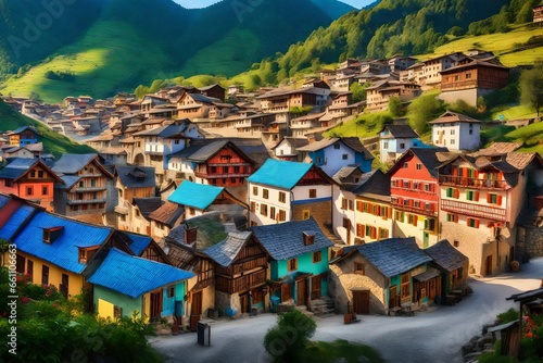  A mountain village with colorful houses, quaint, picturesque,