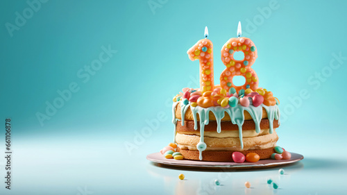 18th year birthday cake on isolated colorful pastel background