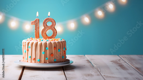 18th year birthday cake on isolated colorful pastel background photo