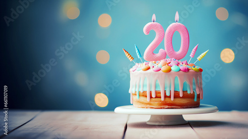 20th year birthday cake on isolated colorful pastel background photo