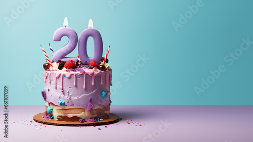 20th year birthday cake on isolated colorful pastel background photo