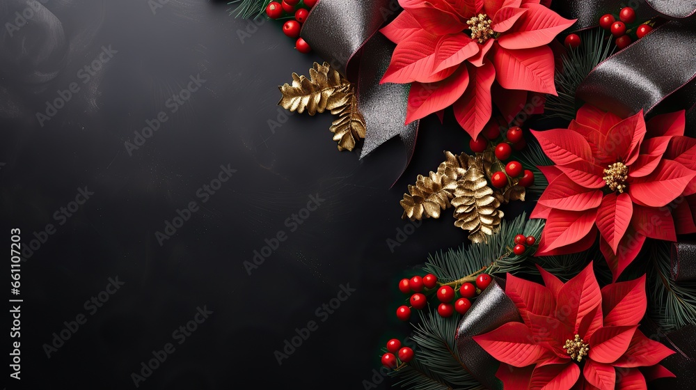 custom made wallpaper toronto digitalChristmas Poinsettia flower, berries, gift box closeup on a black background with copy space, top view, Merry Christmas and Happy New Year concept.