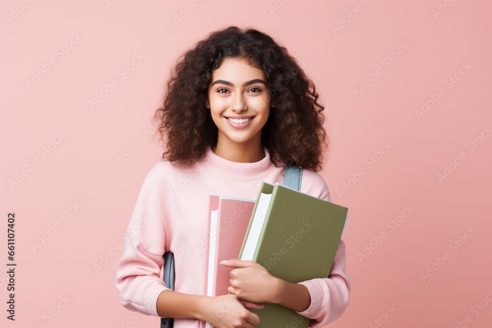 Front view young female student with copybook in her hands Front view young female student with copybook in her hands