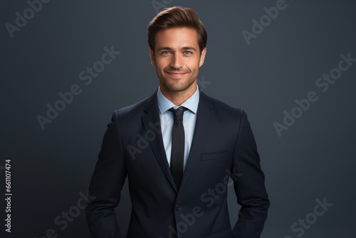 Happy young man using laptop computer on isolated background