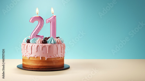 21st year birthday cake on isolated colorful pastel background