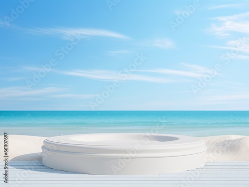 Empty round white platform podium made of sea shells on white beach sand background. Minimal creative composition background for cosmetics or products presentation. Front view