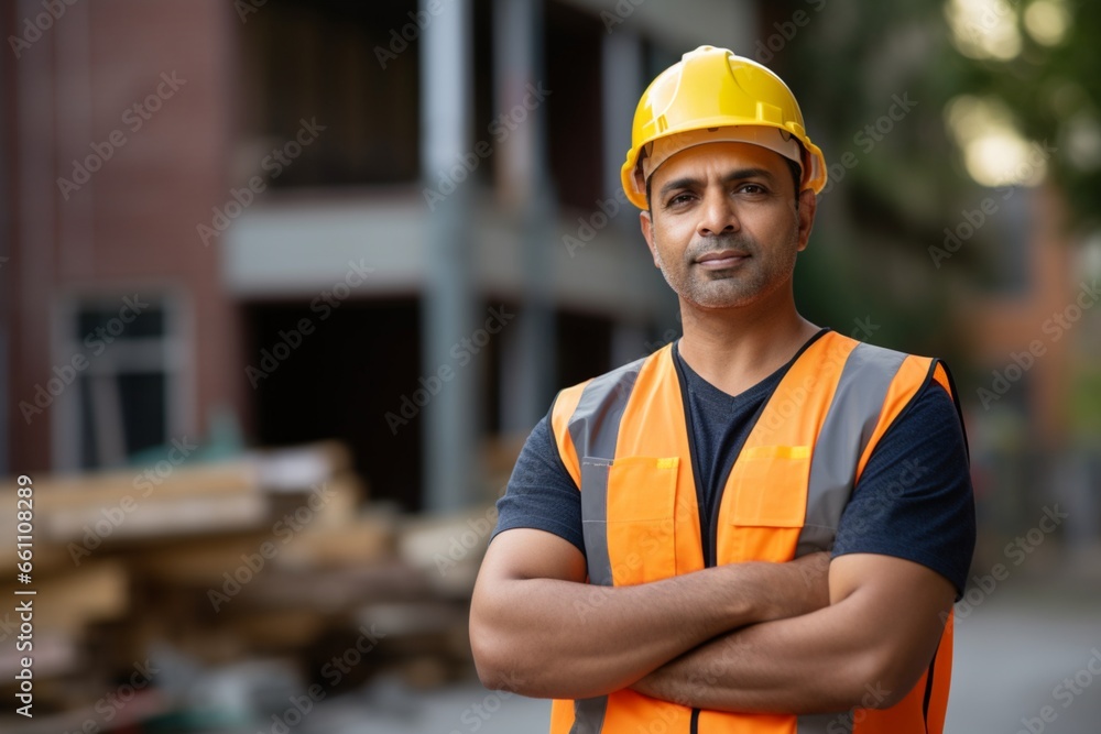 A cheerful worker in a warehouse surrounded by the clatter of machinery construction concept A cheerful worker in a warehouse surrounded by the clatter of machinery construction concept